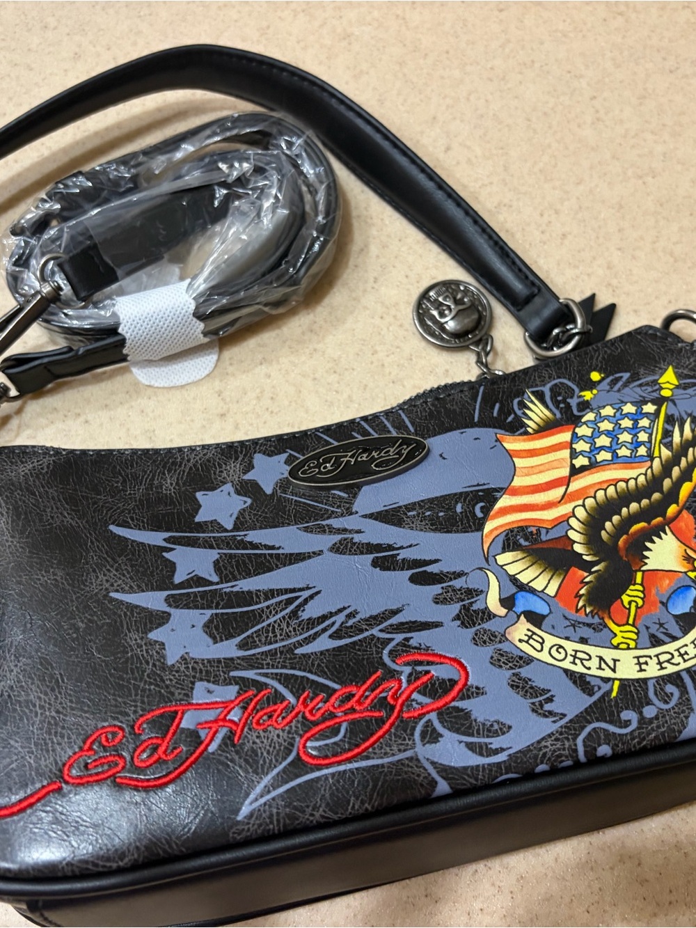 Vintage Ed Hardy Black 'Born Free' Eagle Graphic Cross Body/ Shoulder Bag
